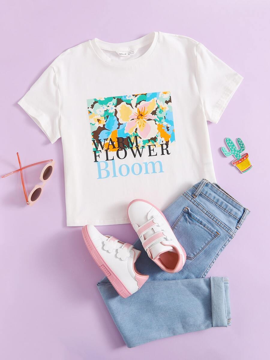 SHEIN Girls Floral & Letter Graphic Tee - White - View 1