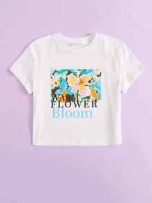 SHEIN Girls Floral & Letter Graphic Tee - White - View 3