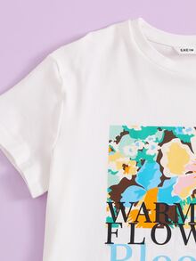 SHEIN Girls Floral & Letter Graphic Tee - White - View 4