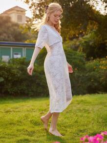 深V領透明蕾絲睡裙 - 白色 - 查看 3