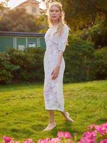 深V領透明蕾絲睡裙 - 白色 - 查看 5