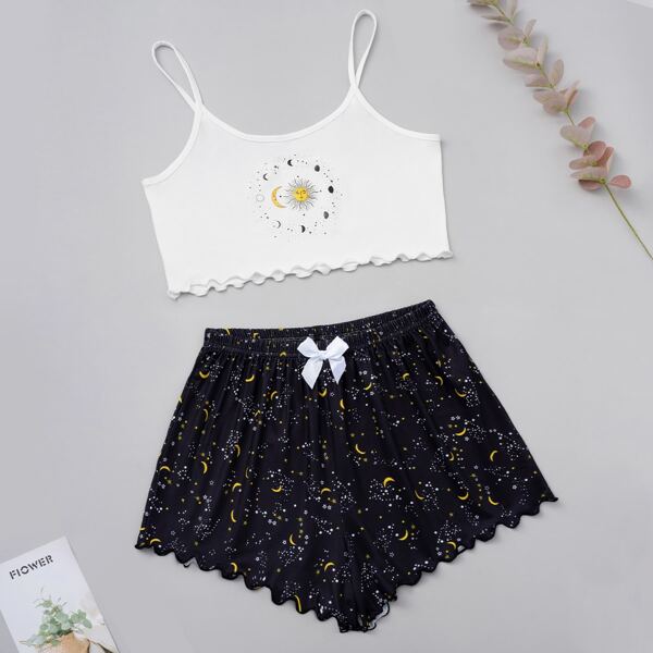 

Galaxy Print Bow Pajama Set, Black and white