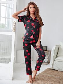 Conjunto de pijama de satén con estampado de corazones en todo el diseño - Negro - Ver 3