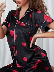 Conjunto de pijama de satén con estampado de corazones en todo el diseño - Negro - Ver 5
