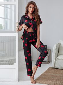 Conjunto de pijama de satén con estampado de corazones en todo el diseño - Negro - Ver 6