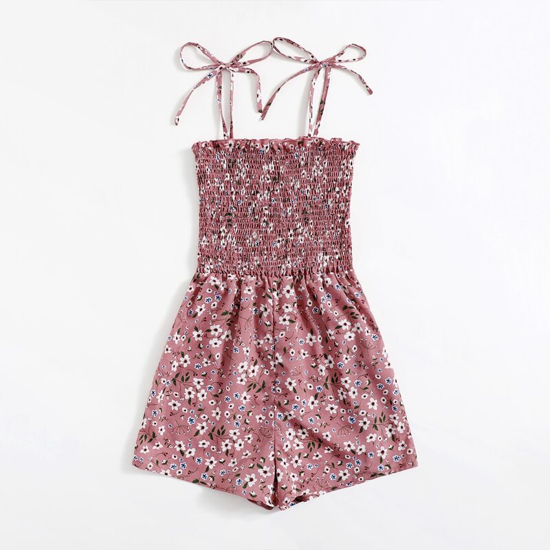 

Ditsy Floral Shirred Tie Shoulder Romper, Dusty pink