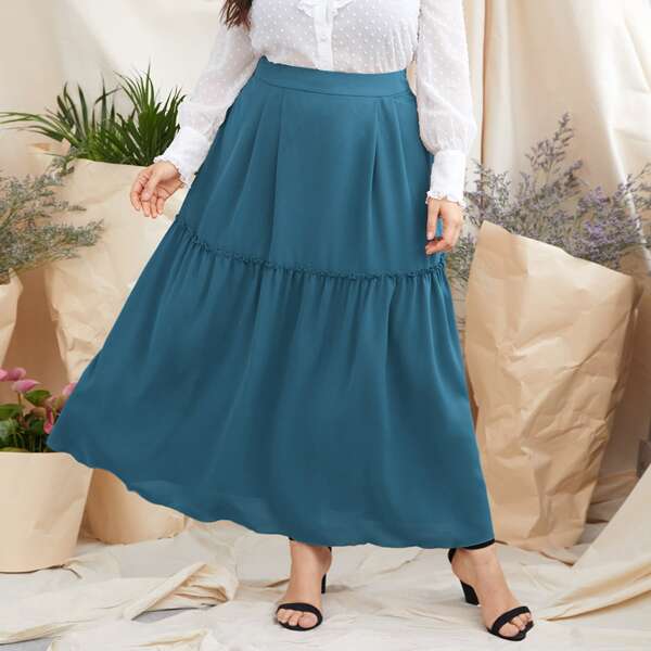 

Plus Solid Frill Ruffle Hem Skirt, Teal blue