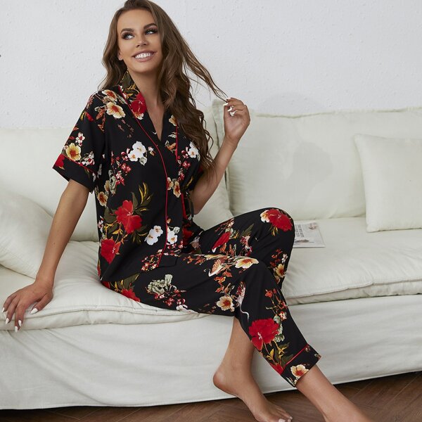 

Floral Print Knot Side PJ Set, Black