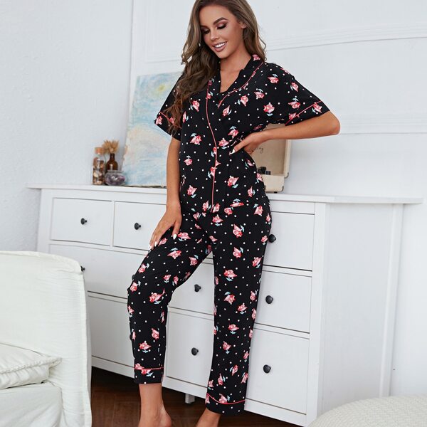 

Floral Print Knot Side PJ Set, Black