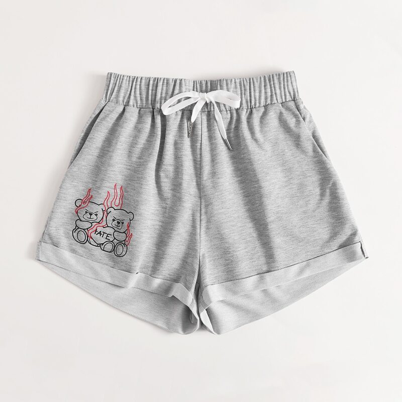 

Letter Cartoon Bear Graphic Cuffed Shorts, Grey