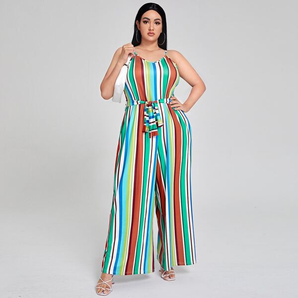 

Plus Striped Self Tie Cami Jumpsuit, Multicolor