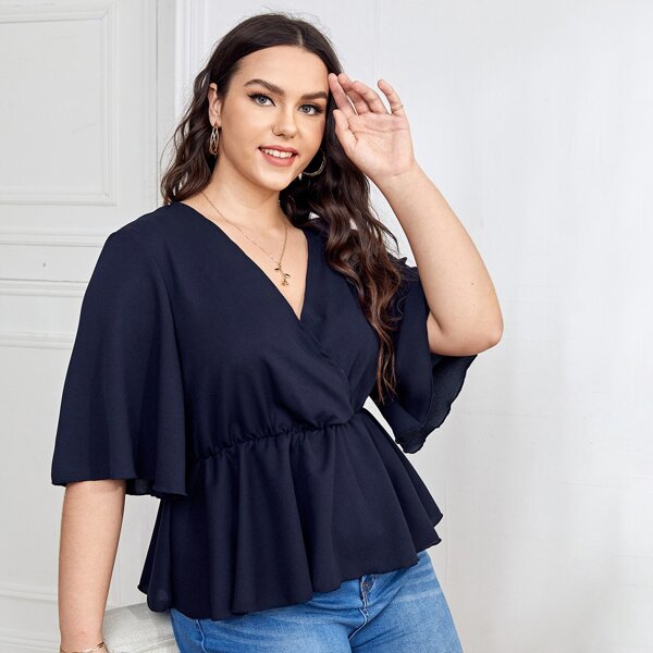 

Plus Surplice Neck Butterfly Sleeve Peplum Blouse, Navy blue