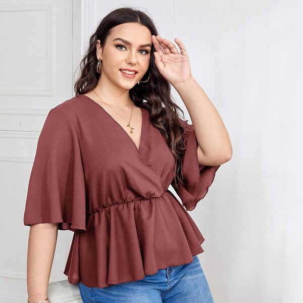 

Plus Surplice Neck Butterfly Sleeve Peplum Blouse, Redwood