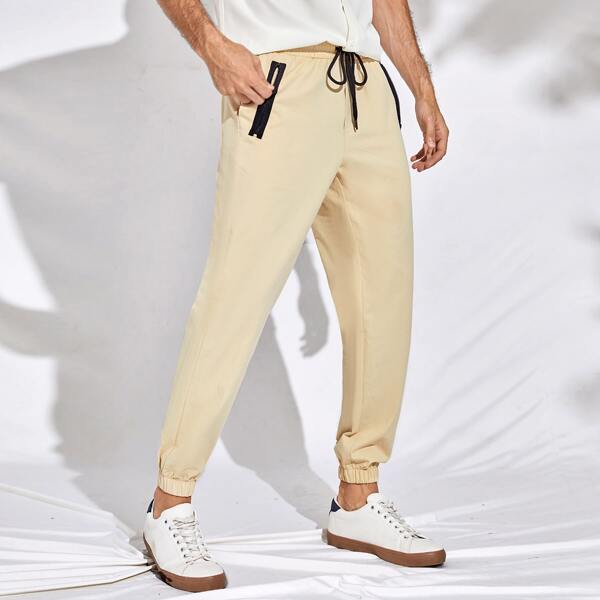 

Men Drawstring Waist Zipper Detail Slant Pocket Pants, Khaki