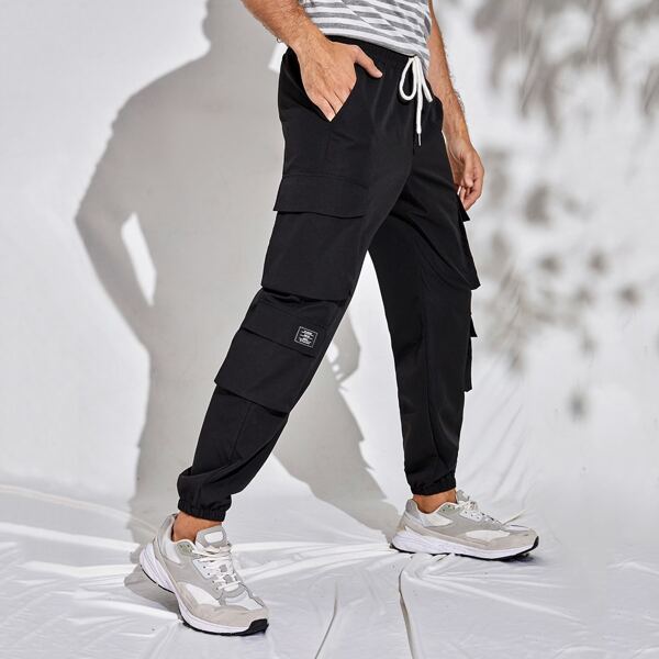 

Men Drawstring Waist Flap Pocket Cargo Pants, Black