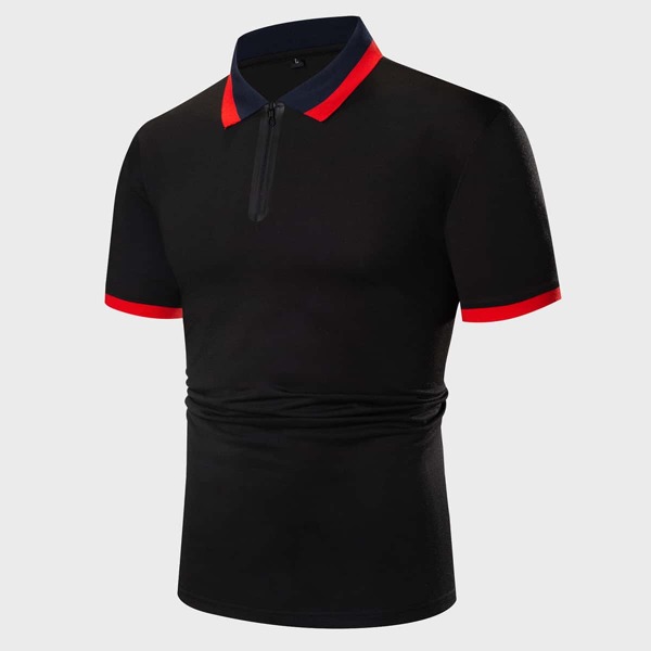 

Men Zip Half Contrast Binding Polo Shirt, Black