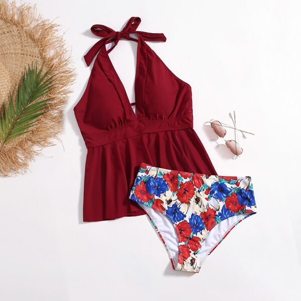 

Plus Floral Ruffle Hem Bikini Swimsuit, Multicolor