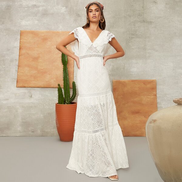 

Tie Backless Ruffle Trim Guipure Lace Dress, White