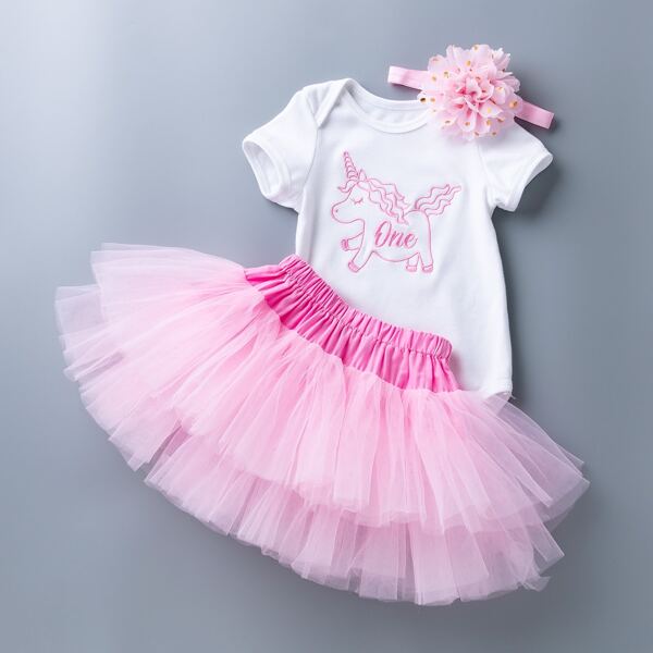 

Baby Girl Unicorn Embroidery Bodysuit & Mesh Skirt & Headband, Multicolor