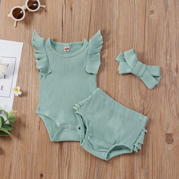 

Baby Girl Ribbed Ruffle Trim Bodysuit & Shorts & Headband, Mint green