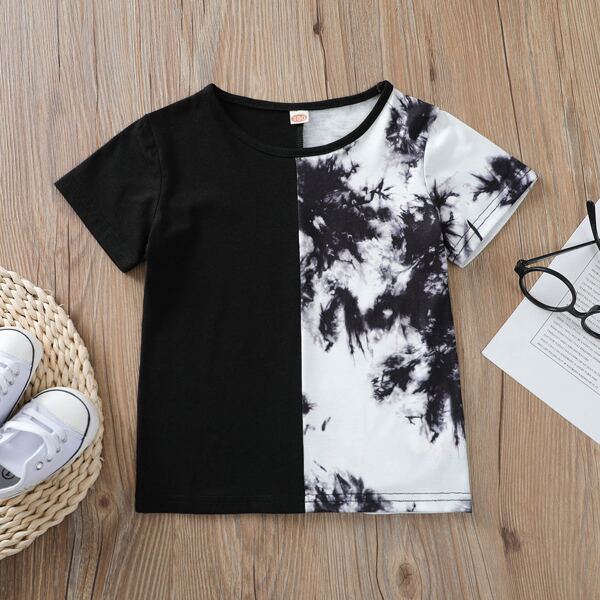 

Toddler Boys Tie Dye Spliced Tee, Black and white