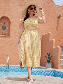 Plus Gingham Off-shoulder Top & Skirt - Yellow - View 1