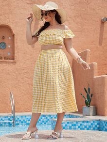 Plus Gingham Off-shoulder Top & Skirt - Yellow - View 3