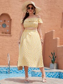 Plus Gingham Off-shoulder Top & Skirt - Yellow - View 4