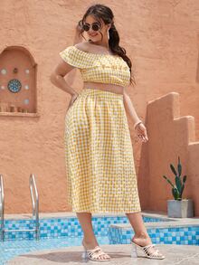 Plus Gingham Off-shoulder Top & Skirt - Yellow - View 5