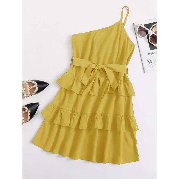 

One Shoulder Ruffle Trim Belted Dress, Yellow