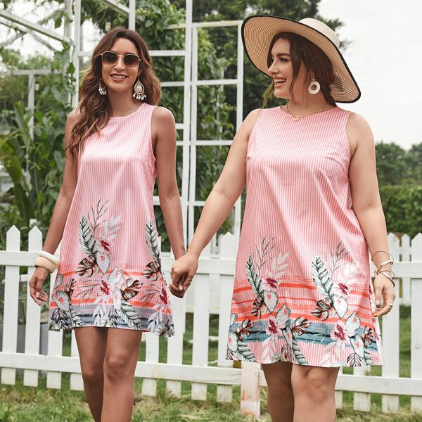 

Plus 1 PC Floral & Striped Dress, Pink
