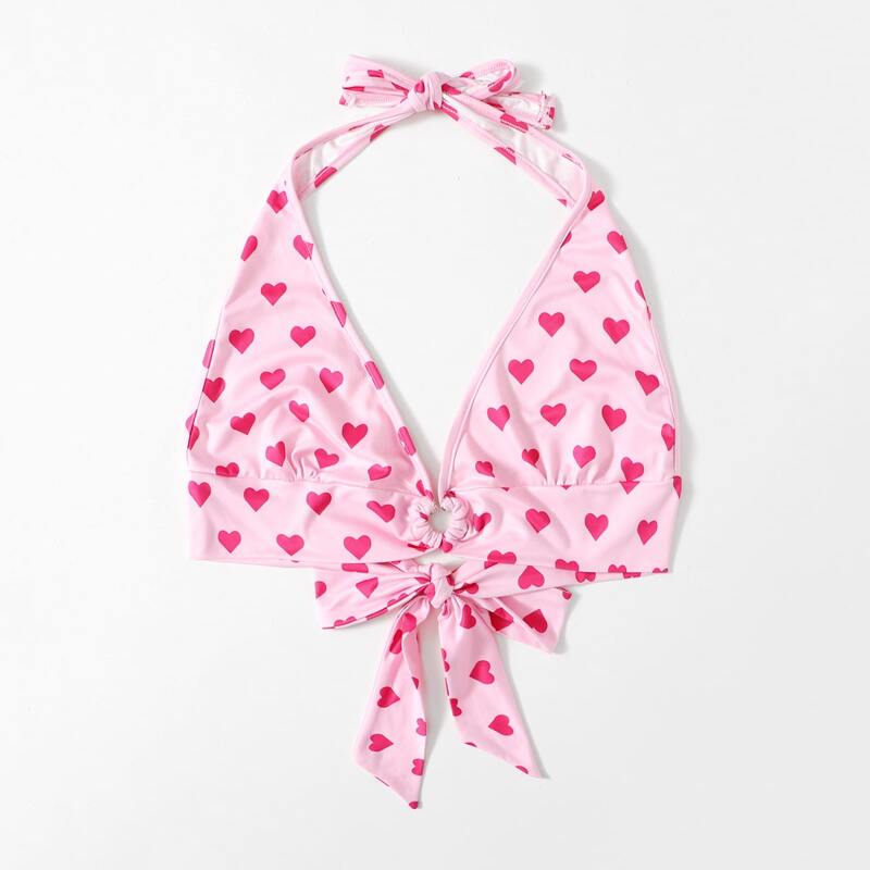 

Heart Print Bow Back Halter Top, Baby pink