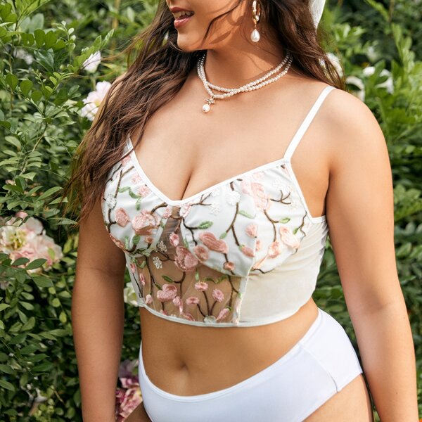 

Plus Embroidered Mesh Bralette, Multicolor