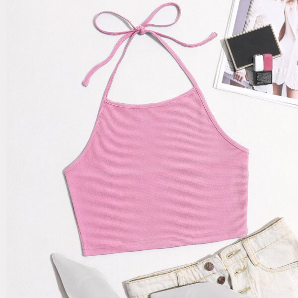 

Self Tie Rib-knit Halter Top, Pink