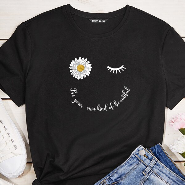 

Slogan & Floral Print Tee, Black