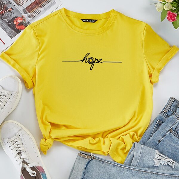 

Letter & Floral Print Tee, Yellow
