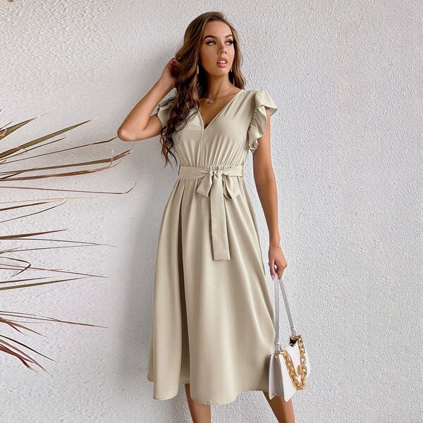 

Ruffle Armhole Belted Dress, Beige