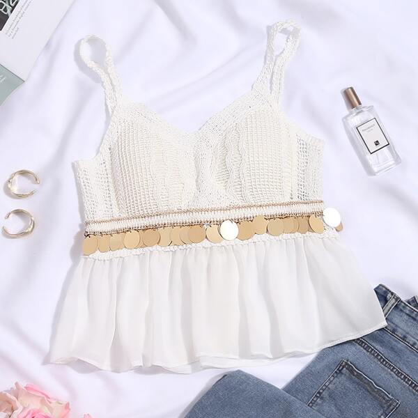 

Contrast Sequin Lace Up Bikini Top, White