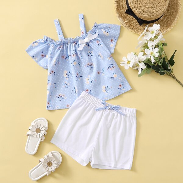 

Toddler Girls Floral Cold Shoulder Top With Shorts, Blue and white