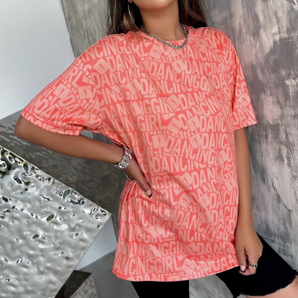 

Allover Letter Graphic Oversized Tee, Coral pink