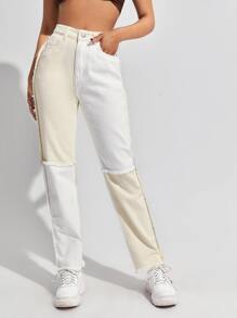 高腰毛邊直牛仔褲 - 米色 - 查看 2