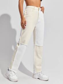 高腰毛邊直牛仔褲 - 米色 - 查看 4