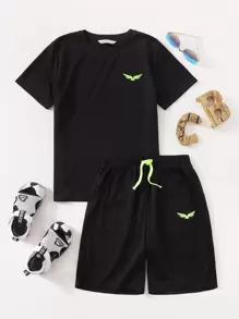 SHEIN Boys Graphic Print Tee & Track Shorts Set - Black - View 1