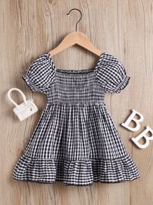 SHEIN Toddler Girls Gingham Print Ruffle Hem Square Neck A-line Dress - Black and White - View 1