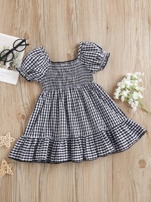 SHEIN Toddler Girls Gingham Print Ruffle Hem Square Neck A-line Dress - Black and White - View 2