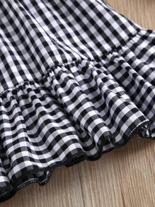 SHEIN Toddler Girls Gingham Print Ruffle Hem Square Neck A-line Dress - Black and White - View 4