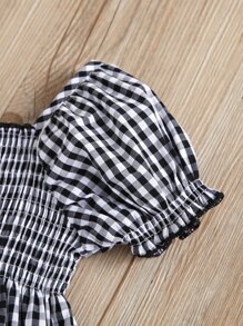 SHEIN Toddler Girls Gingham Print Ruffle Hem Square Neck A-line Dress - Black and White - View 5