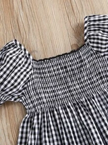 SHEIN Toddler Girls Gingham Print Ruffle Hem Square Neck A-line Dress - Black and White - View 6