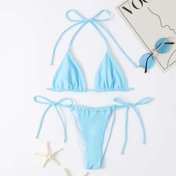 

Halter Micro Triangle Thong Bikini Swimsuit, Baby blue