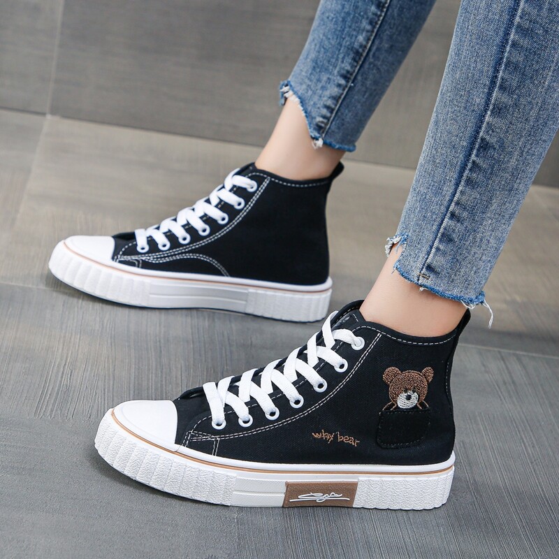 

Cartoon Bear Lace-up High Top Canvas Sneakers, Black